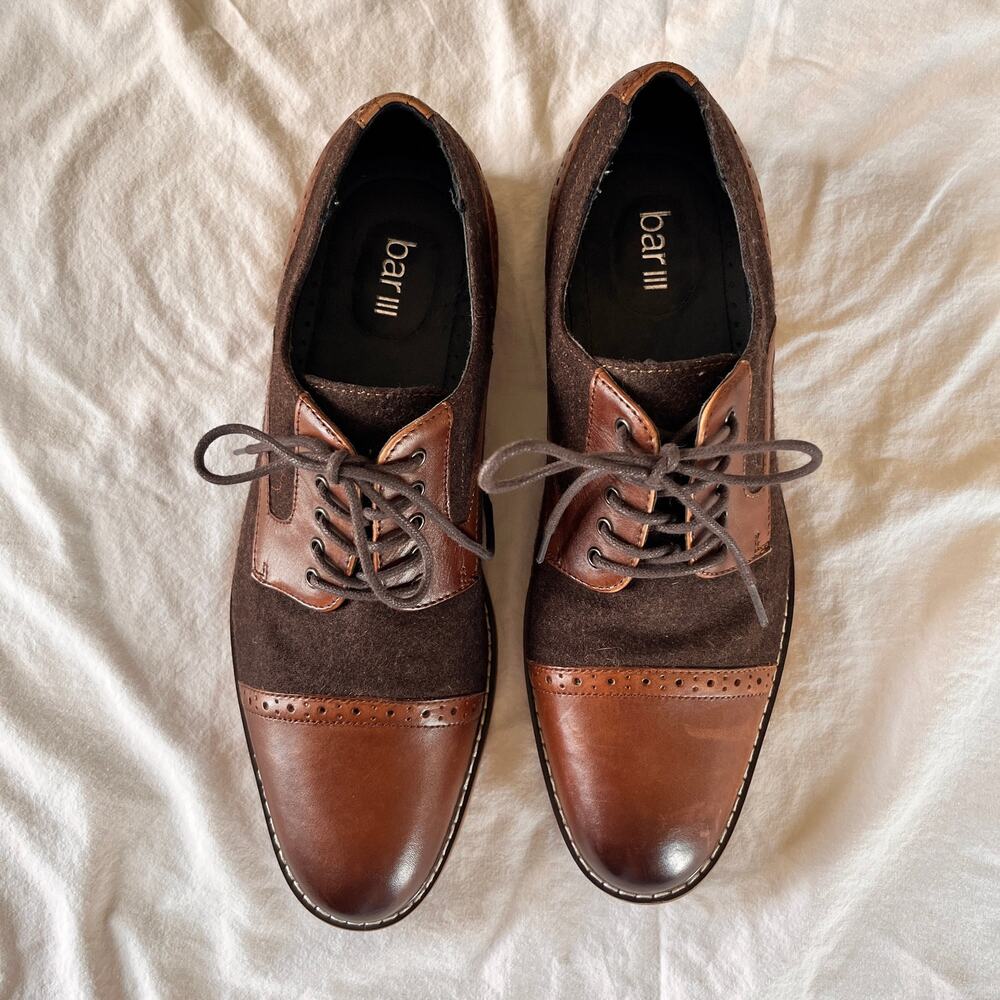 Bar III Frankie Brown Leather Wool Mixed Media Cap Toe Oxford Dress Shoes 10M